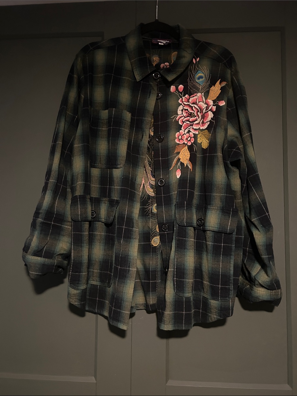 Johnny Was Dark Green Plaid Embroidered Shacket with Pink Floral